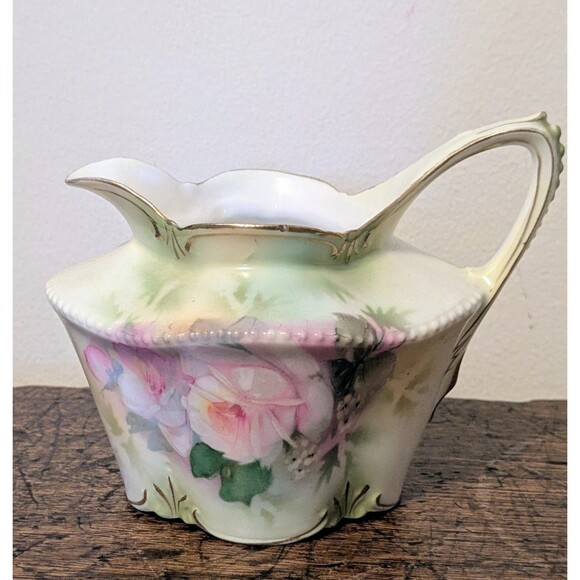 None Other - Antique RS Prussia Porcelain Creamer Pitcher Pink Cabbage Roses Floral Gold Trim